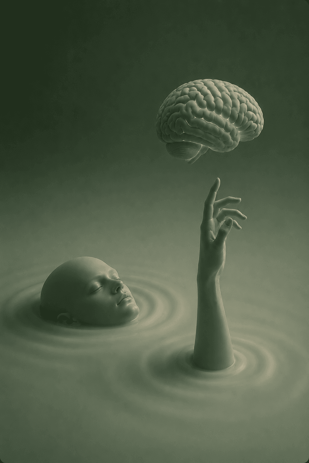 Sculptural figure emerging from still liquid, a hand reaching toward a floating brain
